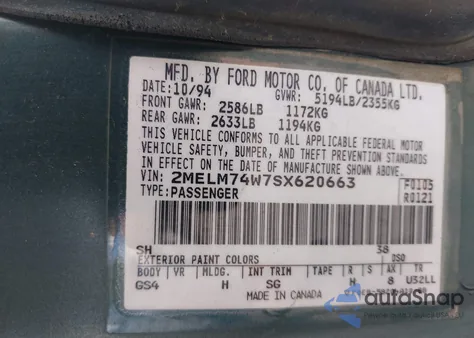 1995 Mercury Grand Marquis Gs from USA, damaged, VIN 2MELM74W7SX620663